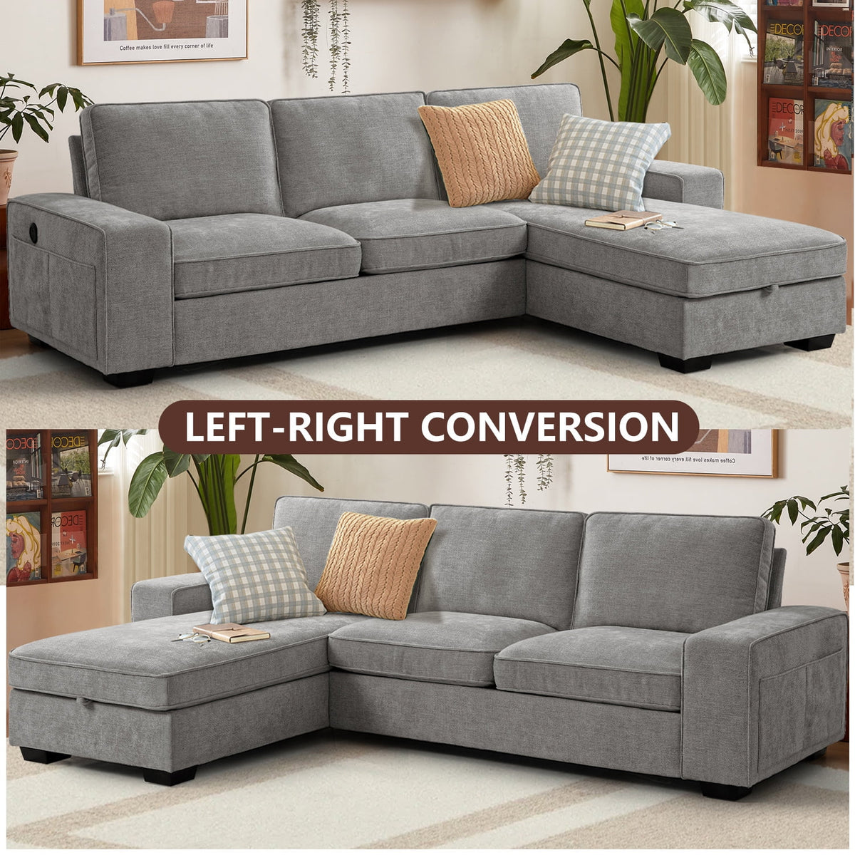 Convertible Sectional Sofa L Shaped Couch with USB and Type-C Charging Ports B343