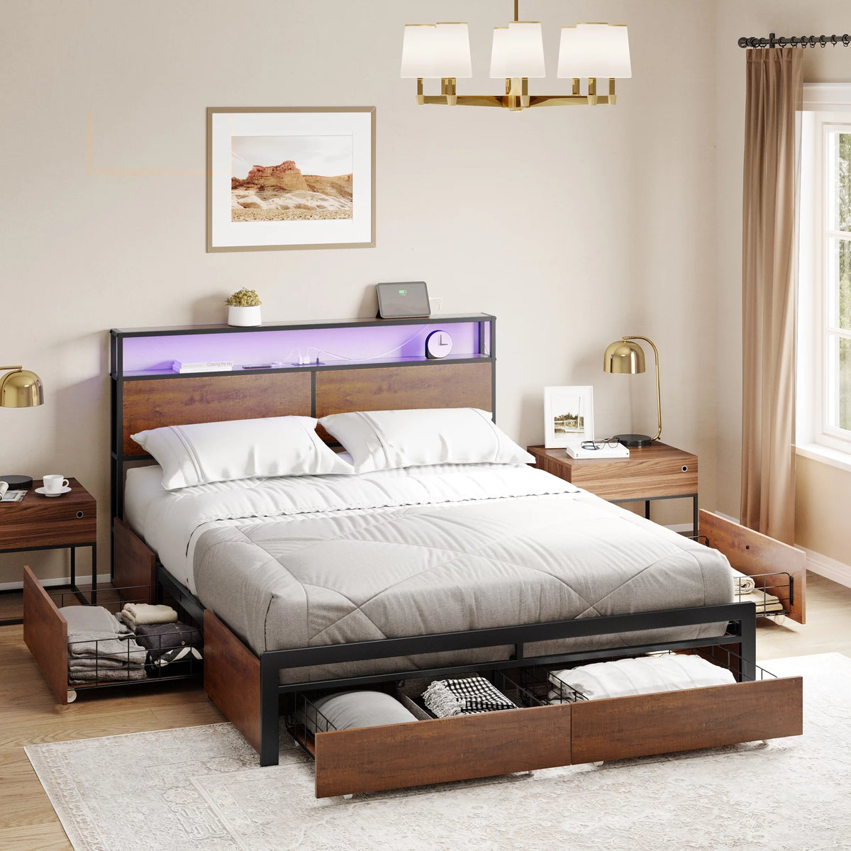 Queen Size Bed Frame with Headboard and 4 Storage Drawers G97548