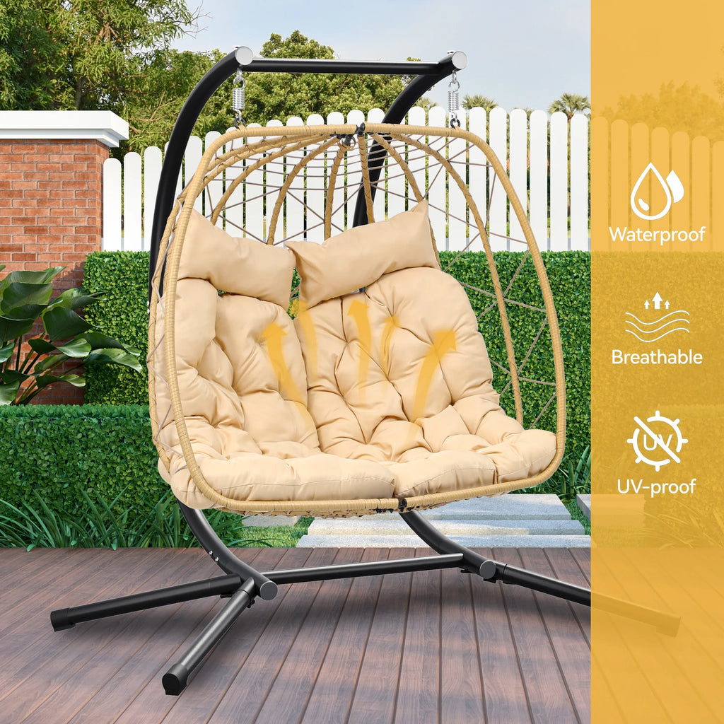 Hanging Egg Swing Chair with Stand 2 Person Wicker Chair with Cushions P4695