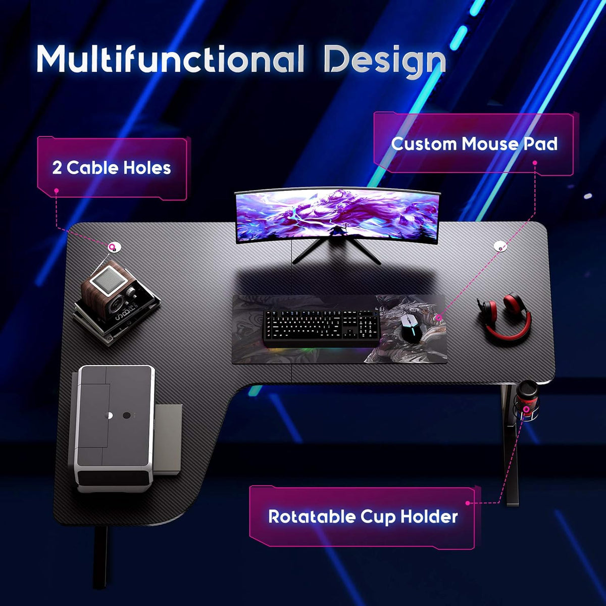 L Shaped Gaming Desk with Mouse Pad and Cup Holder J859006