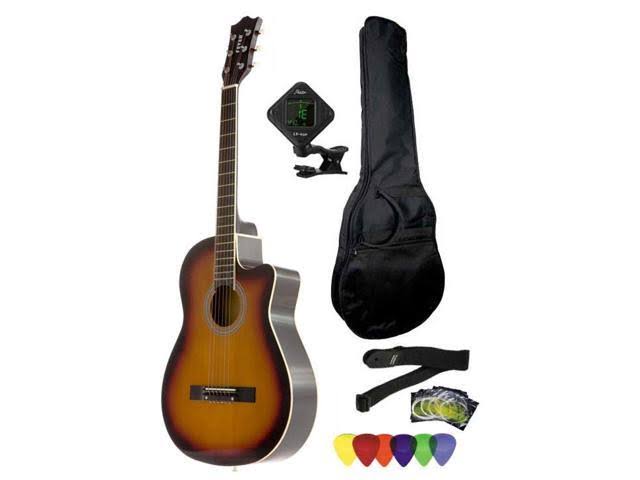 3/4 Size Acoustic Cutaway Guitar Package Sunburst with Gig Bag Tuner Picks and Strap D757855