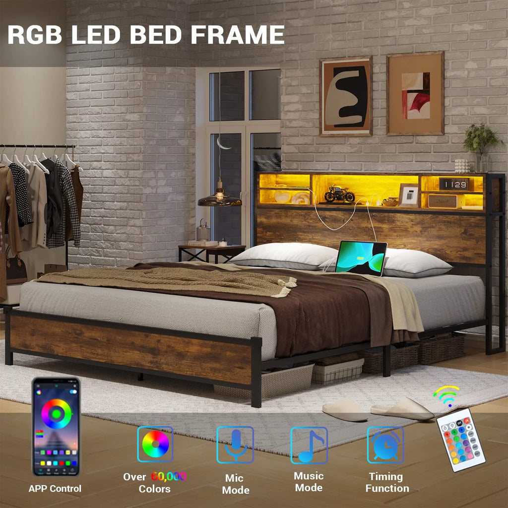 Rustic Brown Full Size Metal Platform Bed Frame with LED Headboard and USB Ports G239