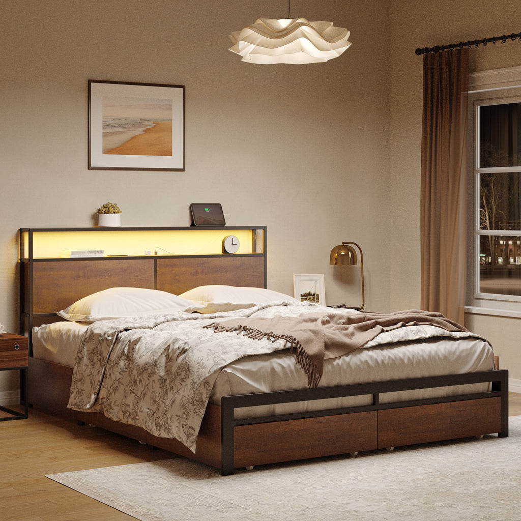 Queen Size Bed Frame with Headboard and 4 Storage Drawers G97548