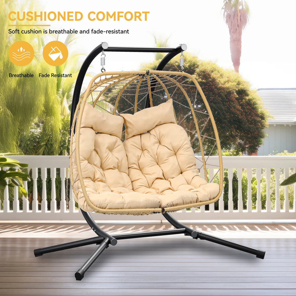 Hanging Egg Swing Chair with Stand 2 Person Wicker Chair with Cushions P4695