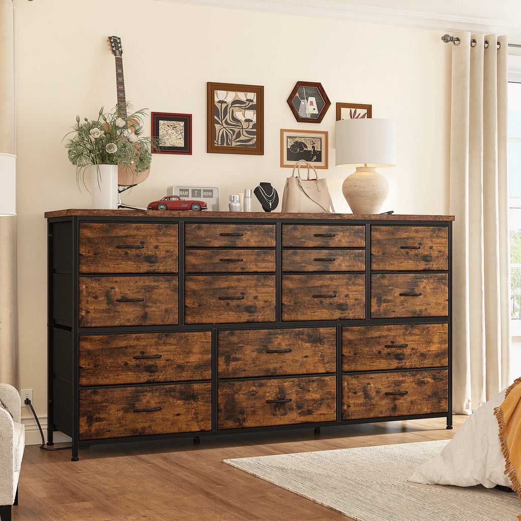 Black 16 Drawer Fabric Dresser TV Stand with Power Outlet U660029