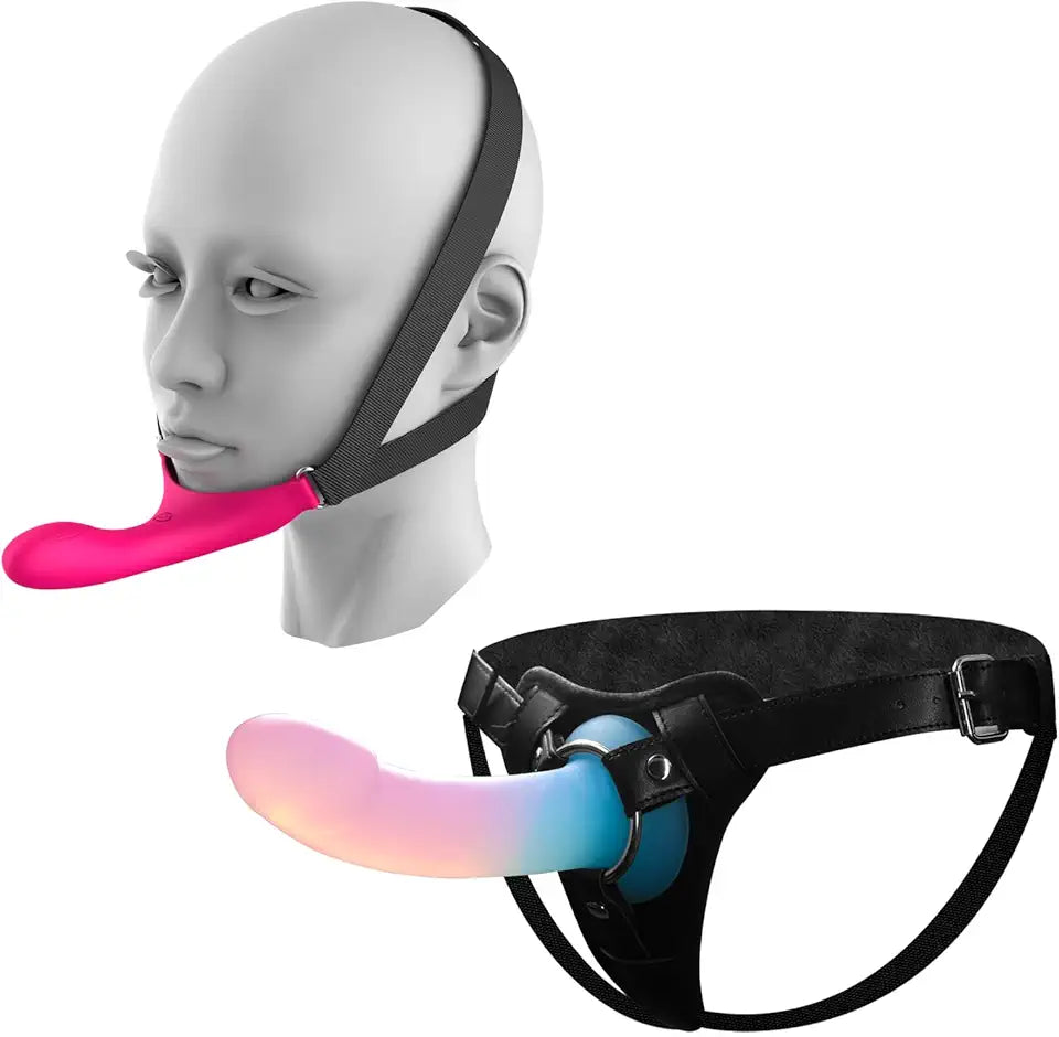 Set of 2 Adjustable Leather Strap-On Harness with 7.1" Silicone Dildo V6888