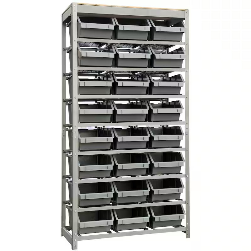 Gray 8-Tier Storage Rack with 24 Plastic Bins J14932