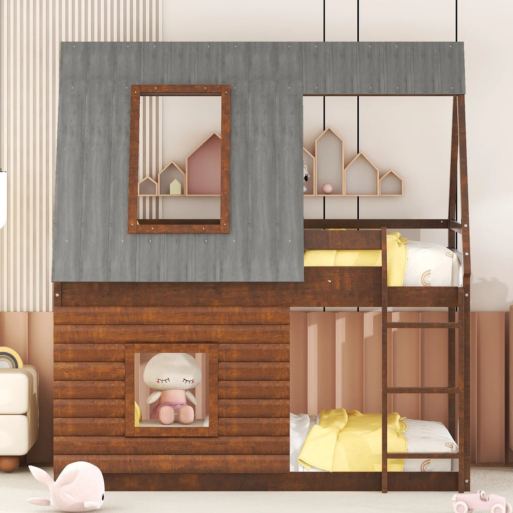 Twin Over Twin Wood Bunk Bed with Ladder and Guardrail A566