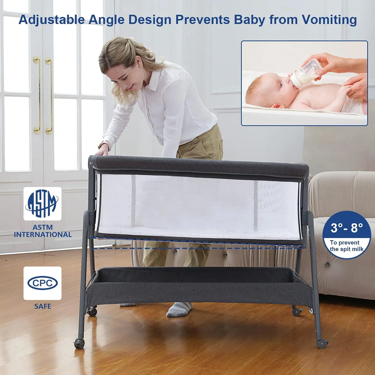 Flat Bedside Bassinet with Storage Basket, Portable Crib with Wheels, Mesh, Mattress J5334