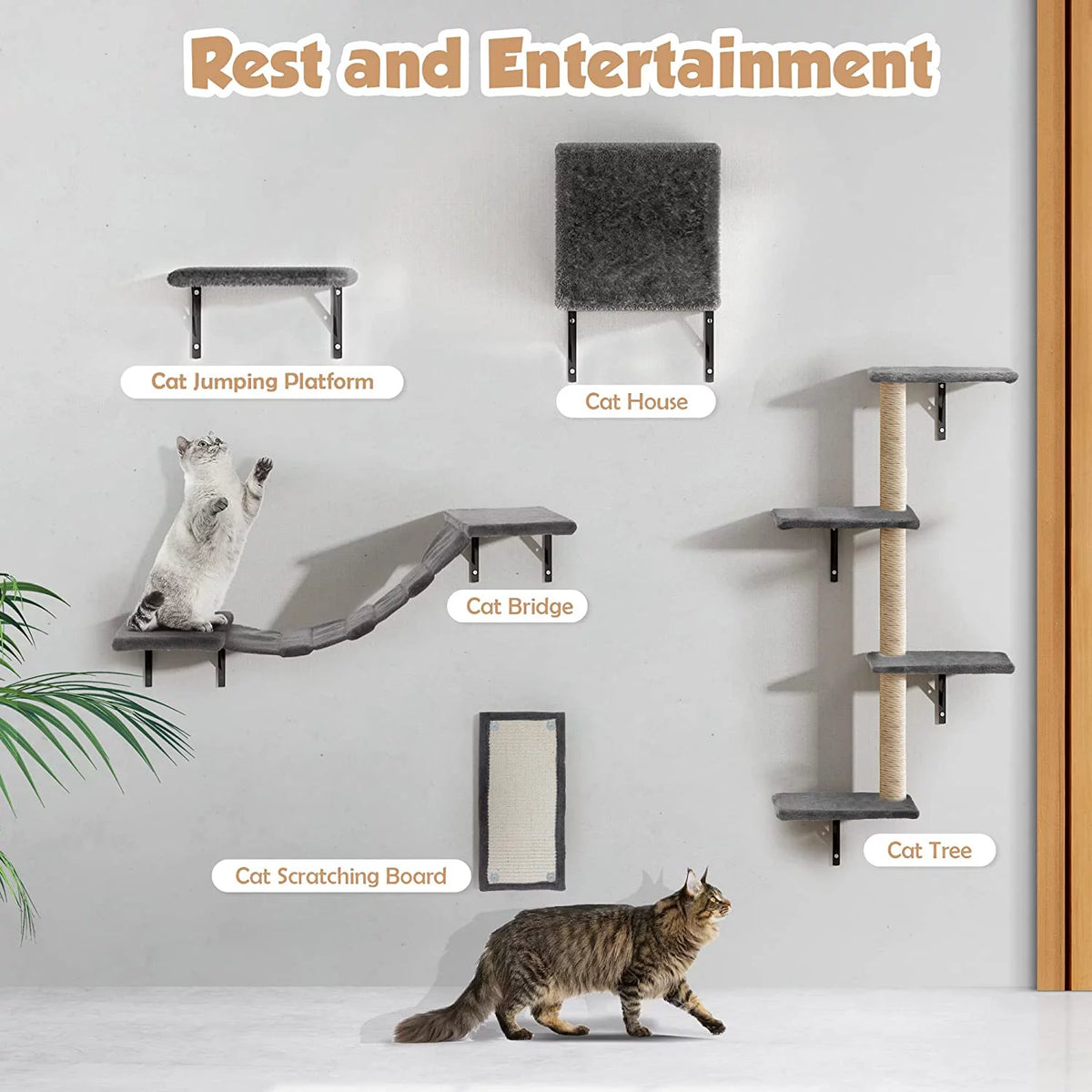 5 Pcs Wall-Mounted Wood Cat Climber Set W64193
