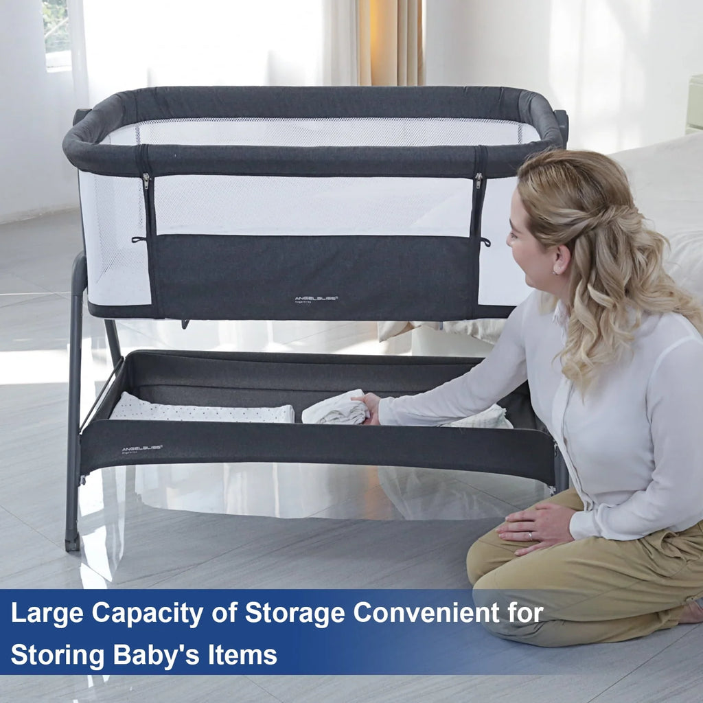 Flat Bedside Bassinet with Storage Basket, Portable Crib with Wheels, Mesh, Mattress J5334