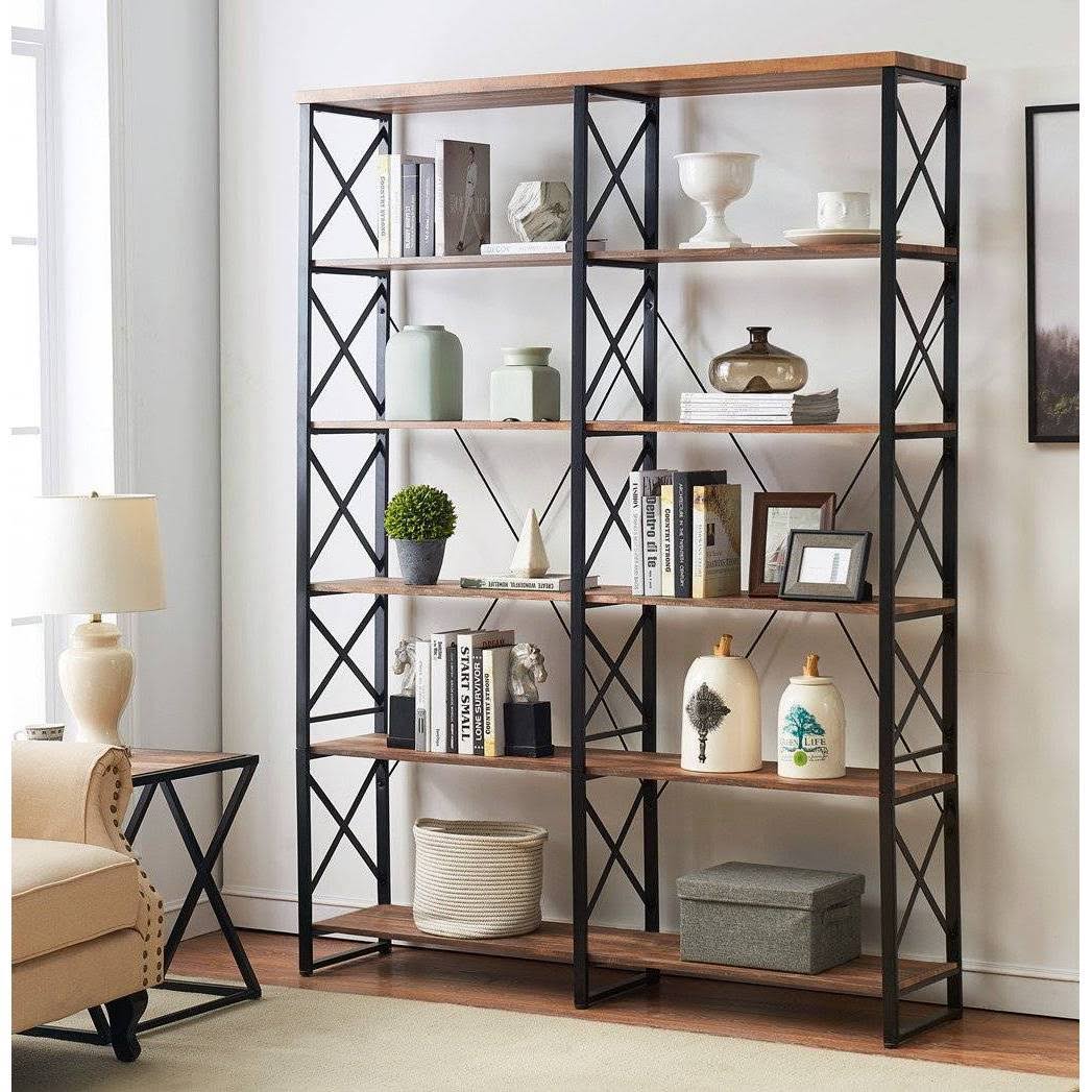 Brown Vintage Wood 6-Shelf Etagere Bookcase with Black Metal Frame U490205