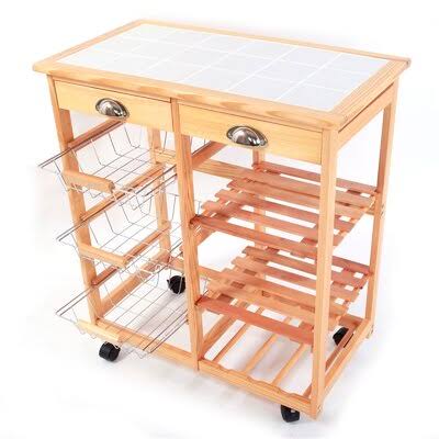 Kitchen & Dining Room Cart 2-Drawer Storage Rack with Rolling Wheels Wood Color Z3686