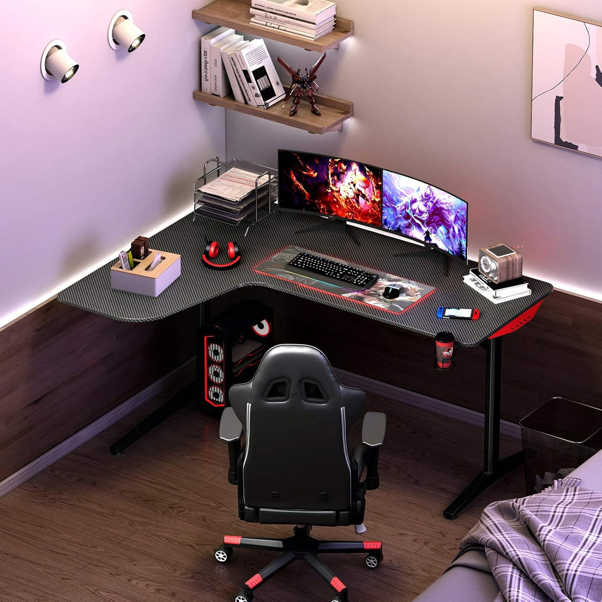L Shaped Gaming Desk with Mouse Pad and Cup Holder J859006