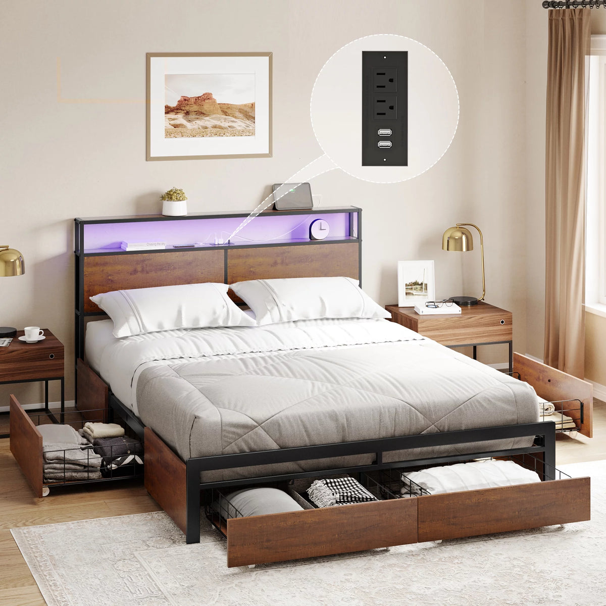 Queen Size Bed Frame with Headboard and 4 Storage Drawers G97548