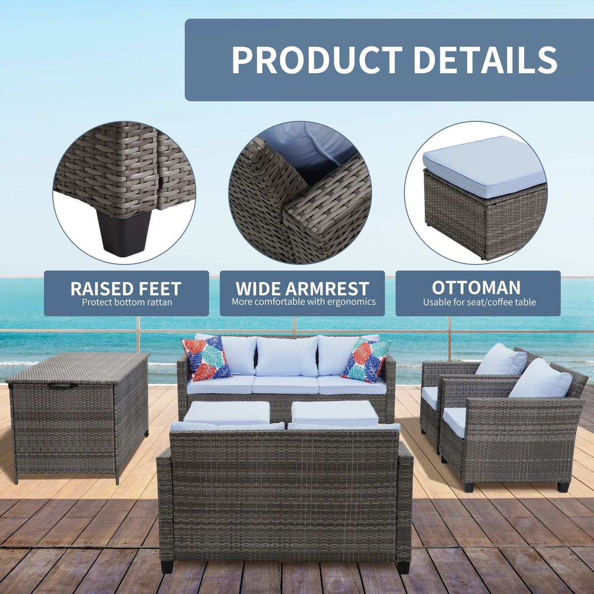 7 Pieces Wicker Rattan Sectional Conversation Set R714539
