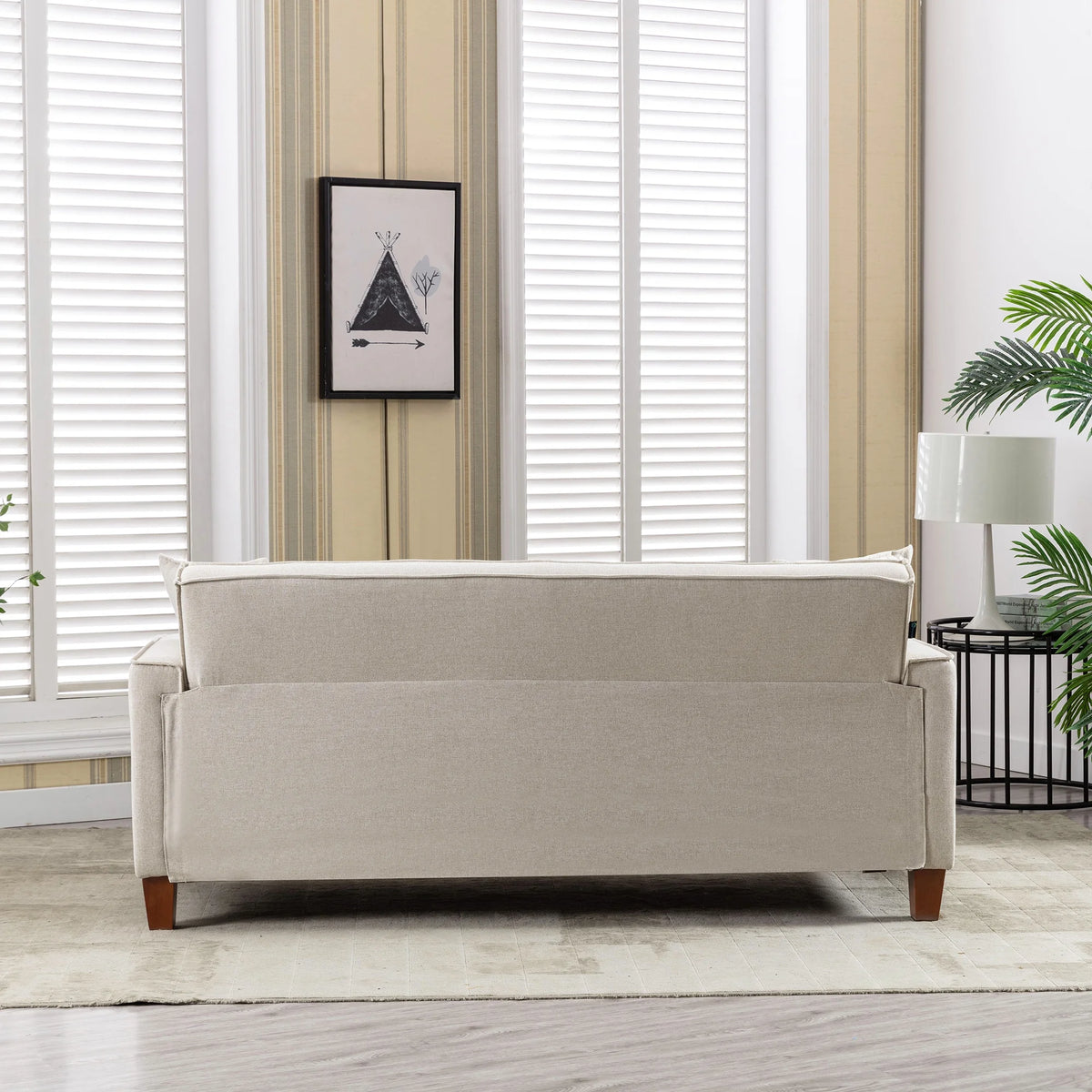 Mid-Century Linen Love Seat Sofa with 2 Pillows and Solid Wood Legs D2018