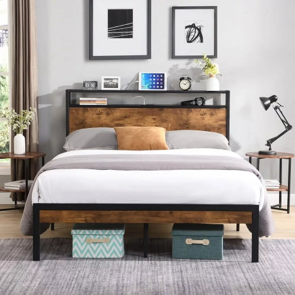 King Size Metal Platform Bed Frame with Wooden Headboard and Footboard I303