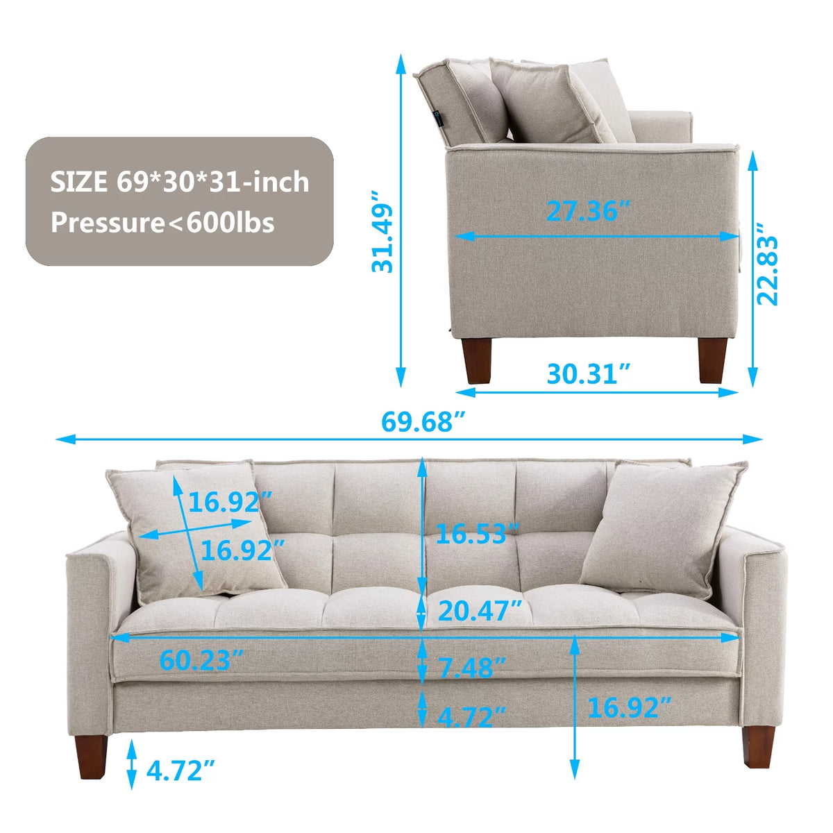 Mid-Century Linen Love Seat Sofa with 2 Pillows and Solid Wood Legs D2018