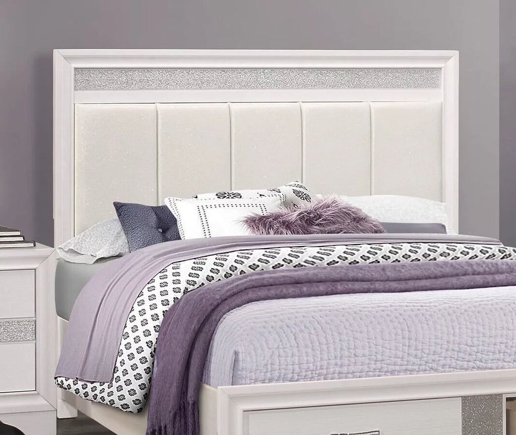 White and Silver Glitter Queen Platform Bed with Storage Drawers P436