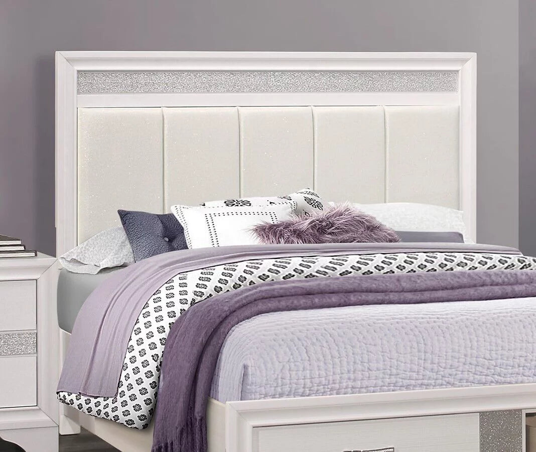 White and Silver Glitter Queen Platform Bed with Storage Drawers P436
