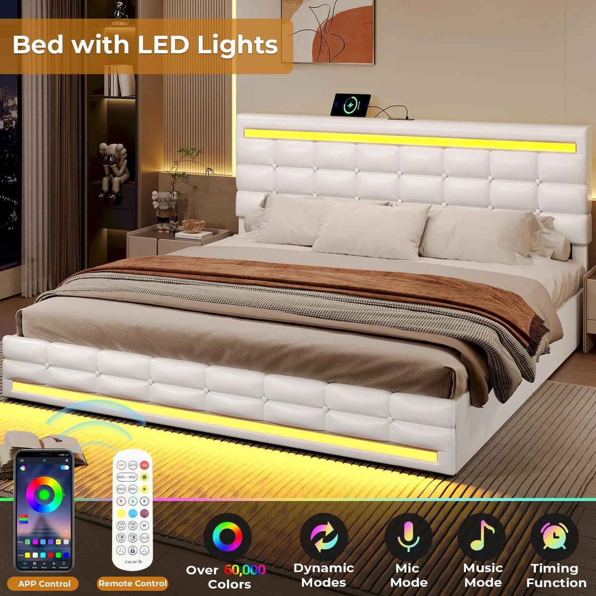 King Size White LED Bed Frame with USB Ports and Storage Drawers M7881