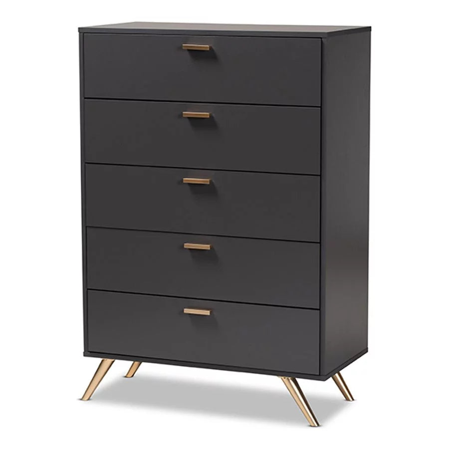 Dark Grey and Gold Finished Wood 5-Drawer Chest D86988
