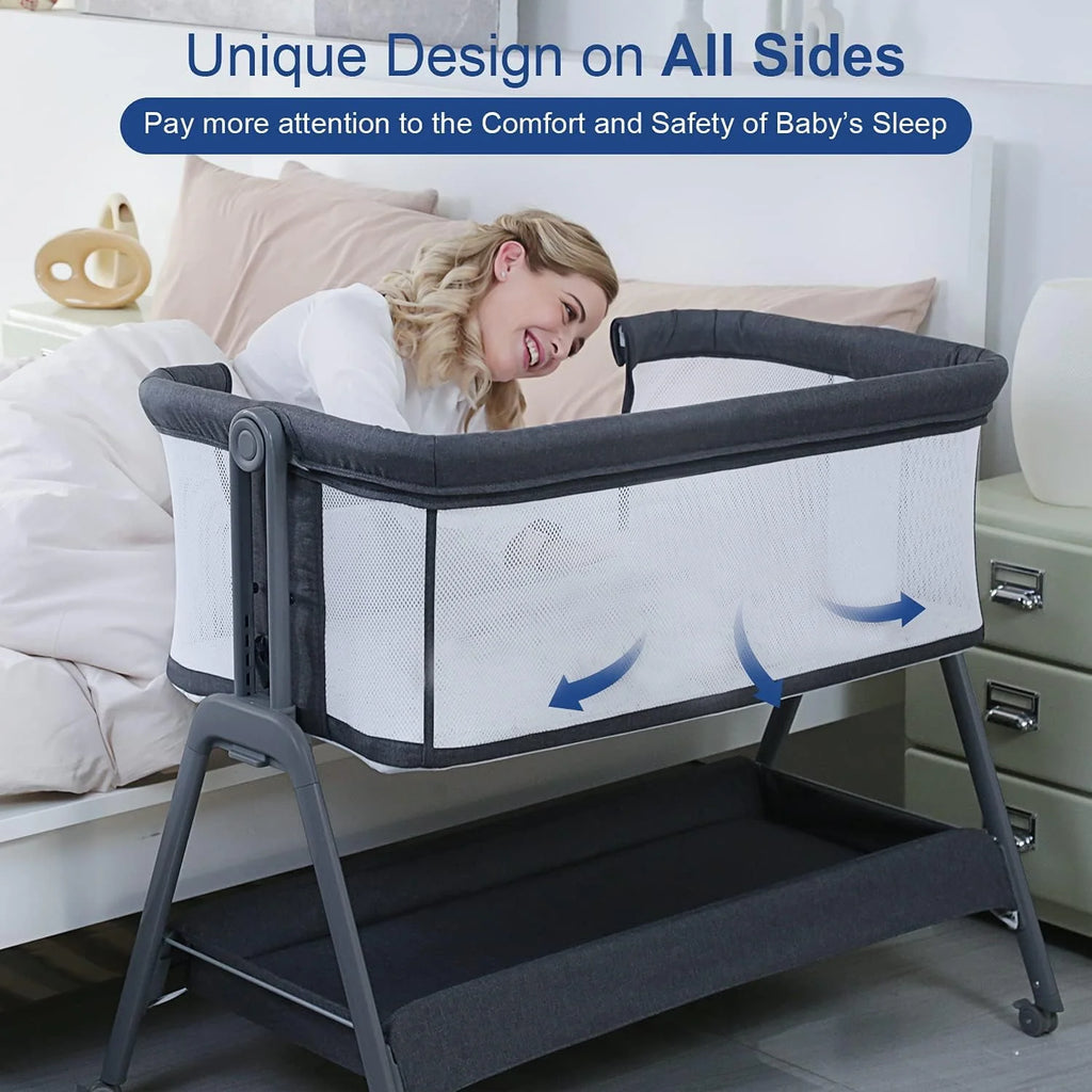 Flat Bedside Bassinet with Storage Basket, Portable Crib with Wheels, Mesh, Mattress J5334