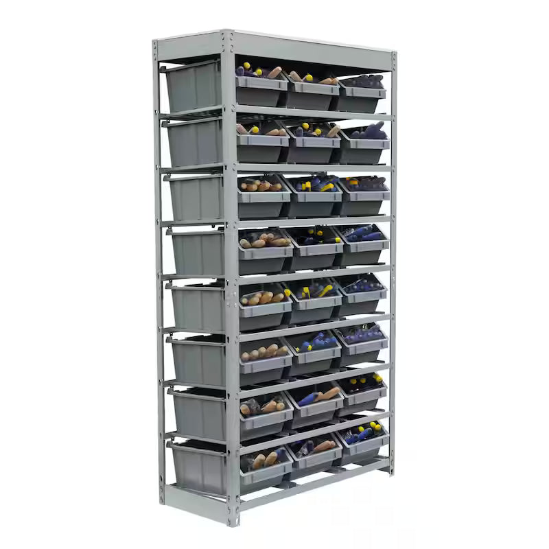 Gray 8-Tier Storage Rack with 24 Plastic Bins J14932