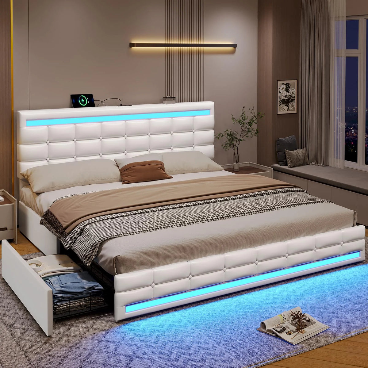 King Size White LED Bed Frame with USB Ports and Storage Drawers M7881