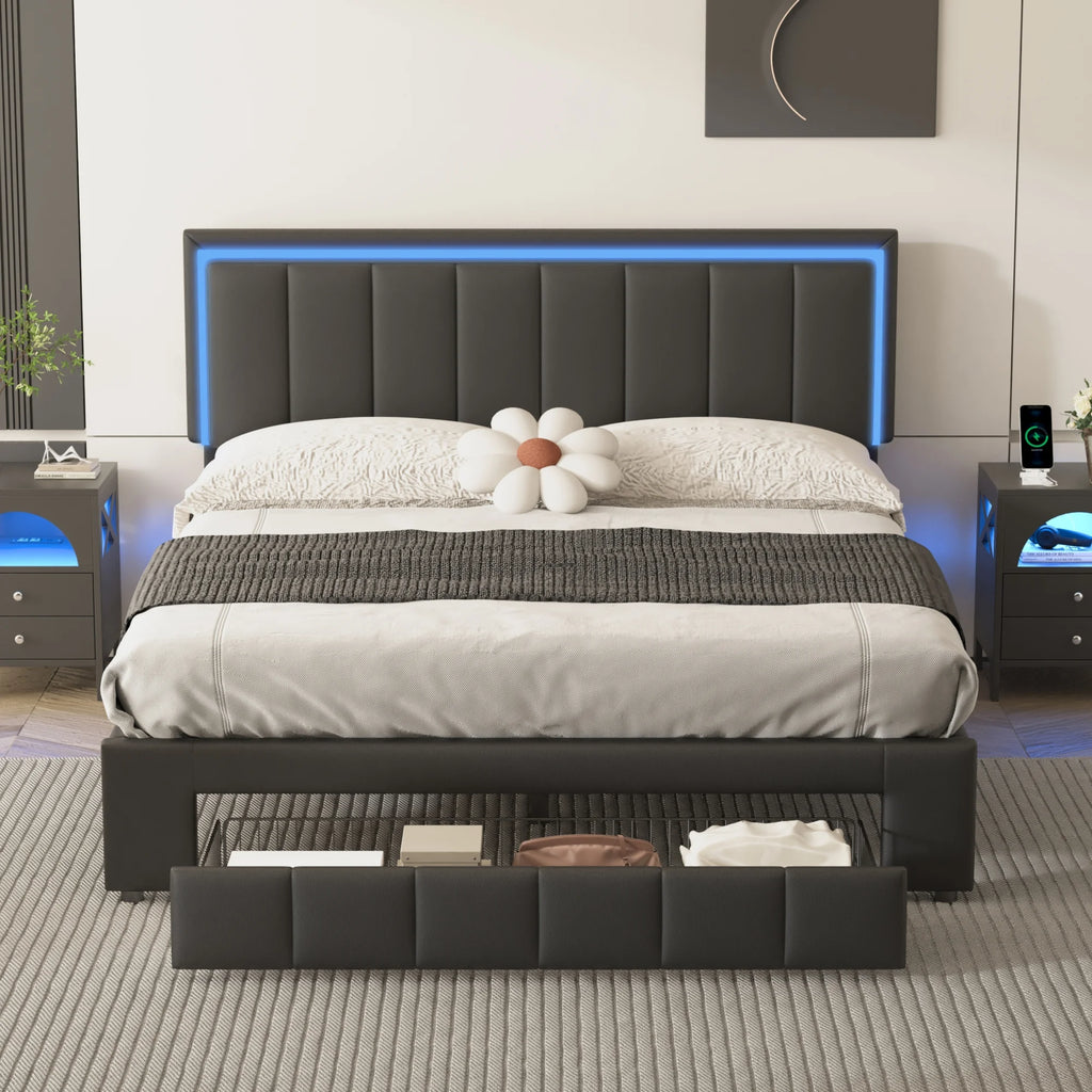 Queen Size Upholstered Platform Bed with Drawers and LED Lights J71865