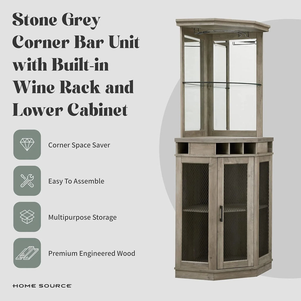 Stone Grey Corner Bar Unit with Built-In Wine Rack and Lower Bar Cabinet E99613
