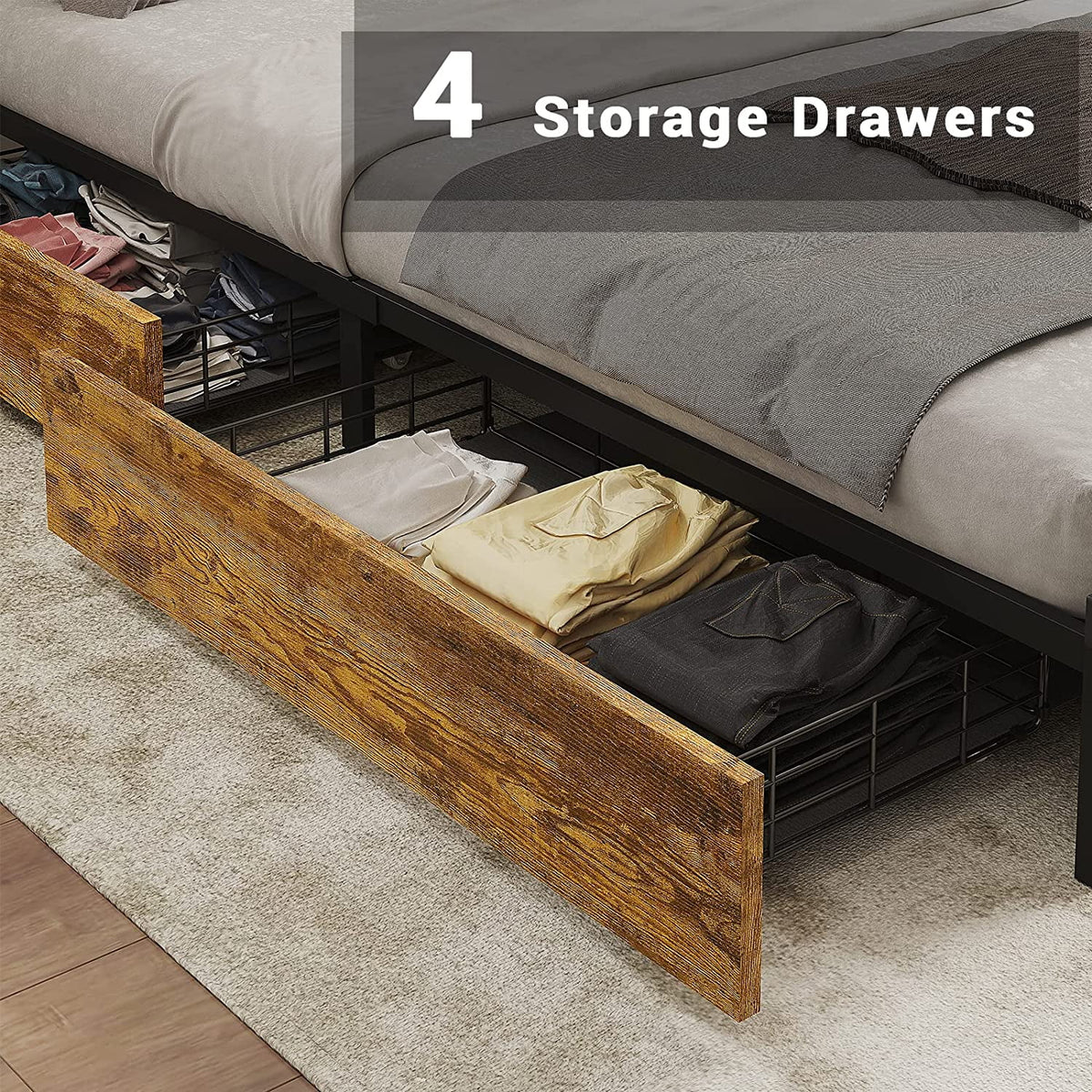 Rustic Brown Full Size Metal Platform Bed Frame with LED Headboard and USB Ports G239