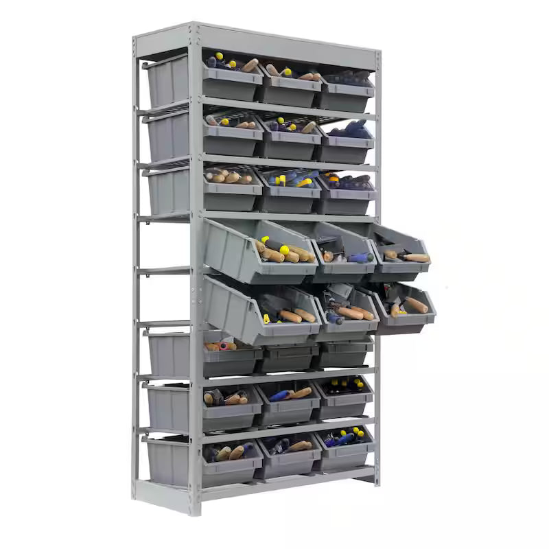 Gray 8-Tier Storage Rack with 24 Plastic Bins J14932