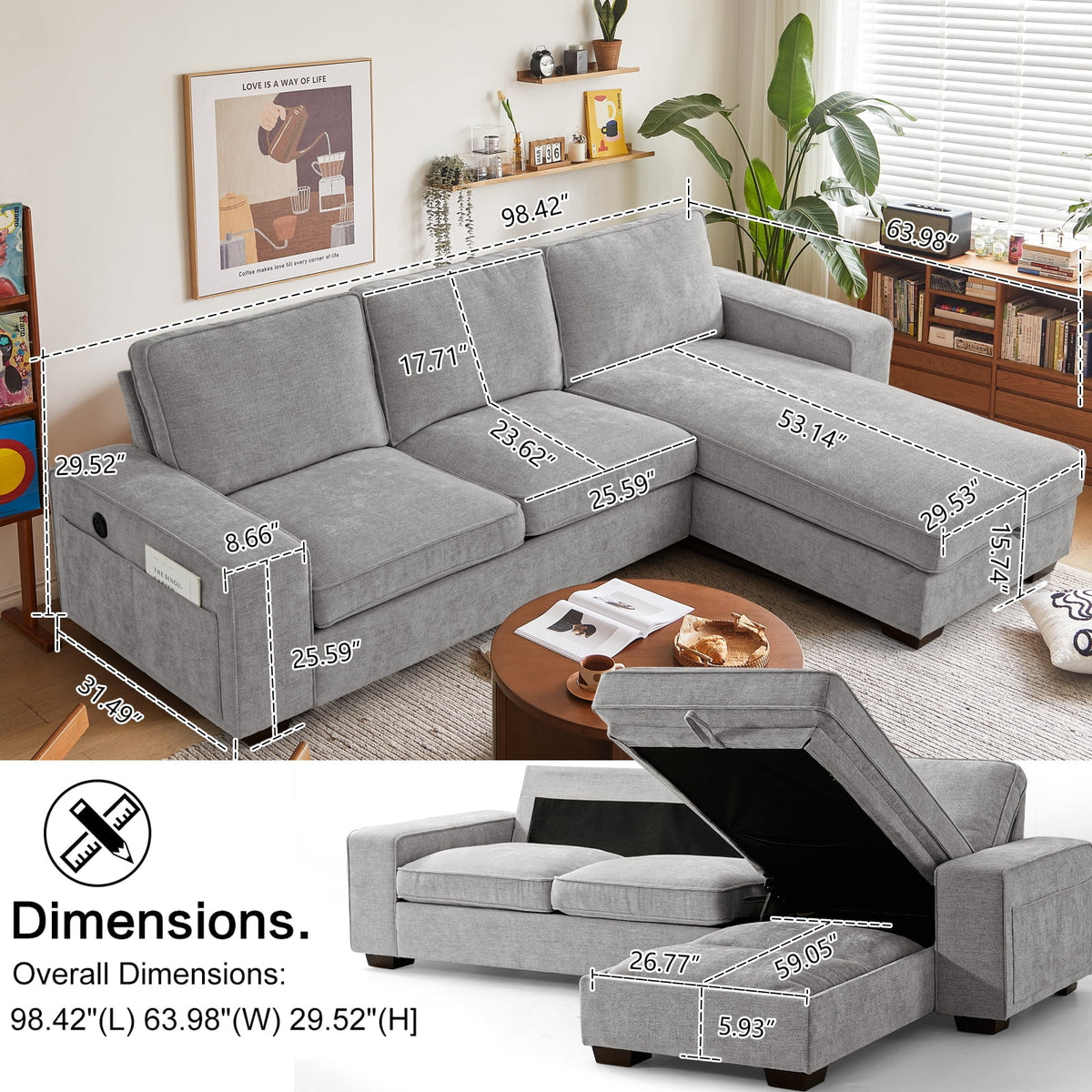 Convertible Sectional Sofa L Shaped Couch with USB and Type-C Charging Ports B343