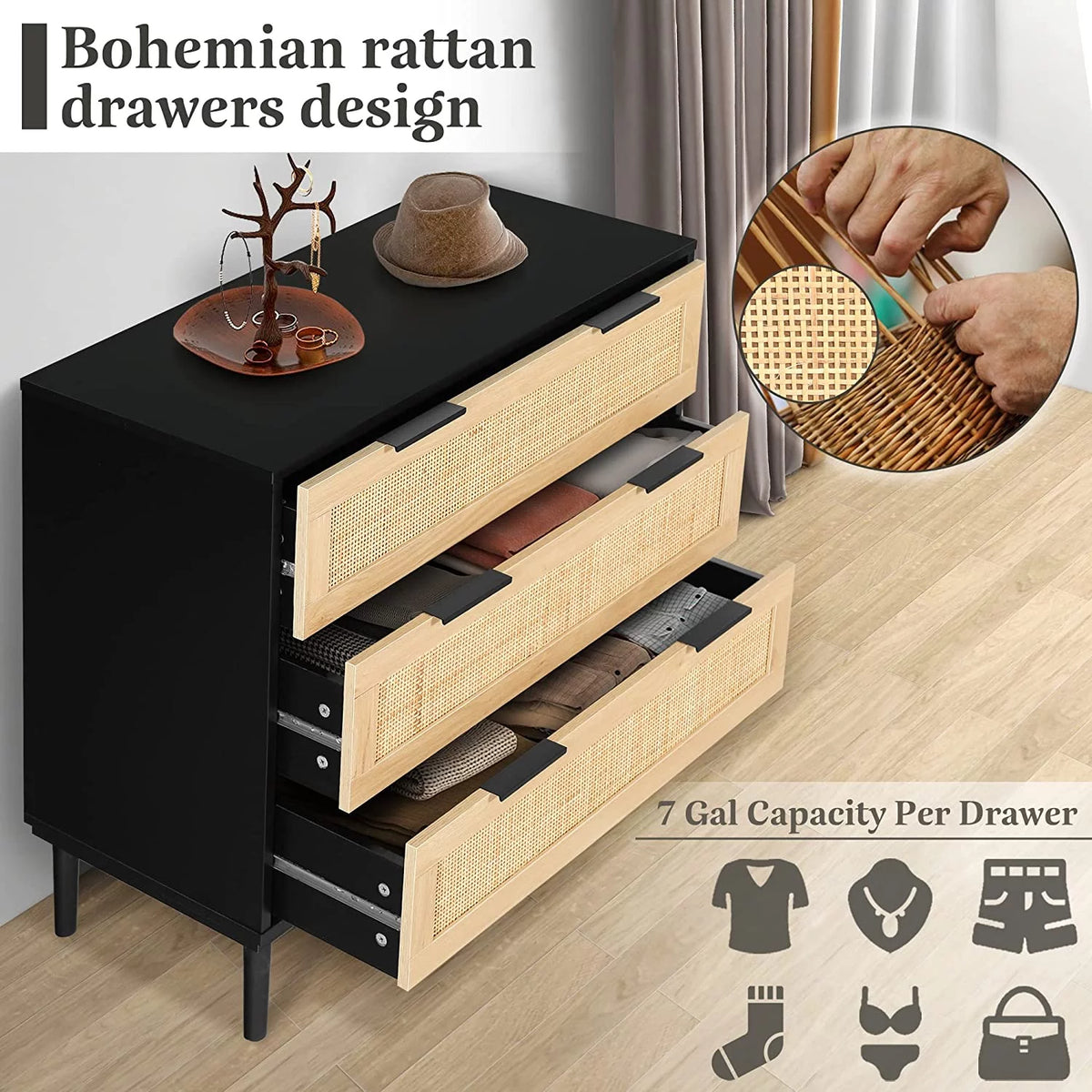 Black 3 Drawer Wood Rattan Dresser U493201