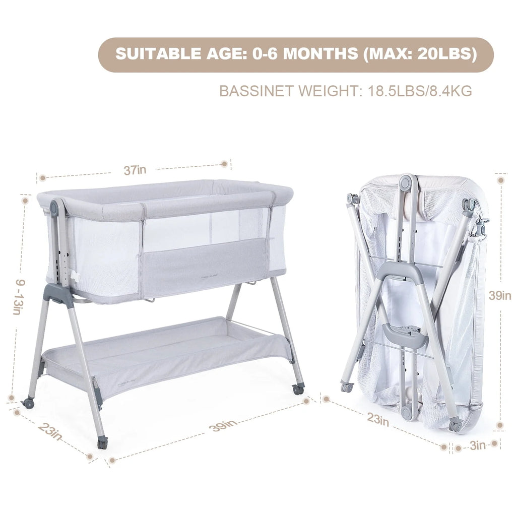 Flat Bedside Bassinet with Storage Basket, Portable Crib with Wheels, Mesh, Mattress J5334
