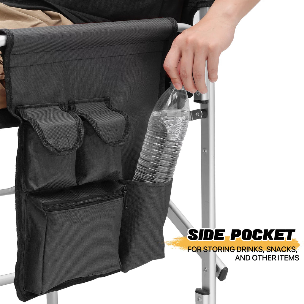 Folding Camping Director Chair with Side Table & Storage Pocket, Black T638