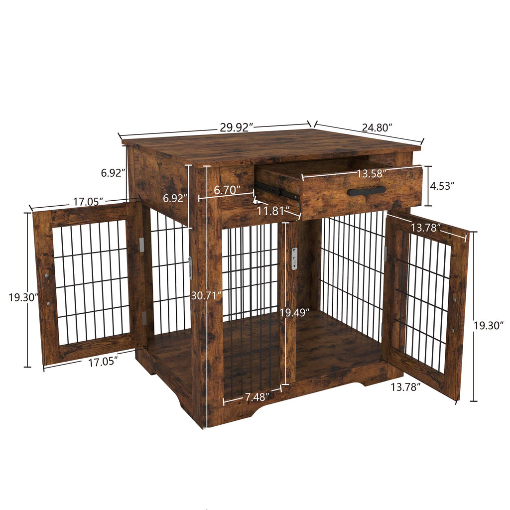 30" Wooden Dog Crate End Table with 2 Doors and Drawer J591503