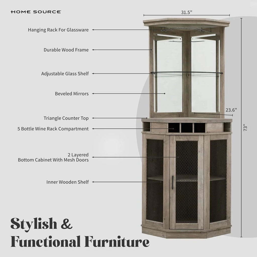 Stone Grey Corner Bar Unit with Built-In Wine Rack and Lower Bar Cabinet E99613