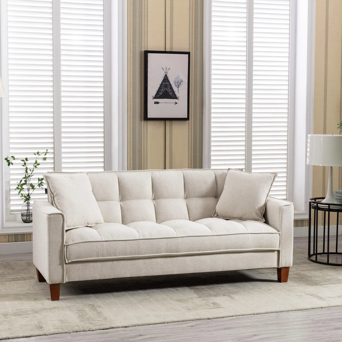 Mid-Century Linen Love Seat Sofa with 2 Pillows and Solid Wood Legs D2018