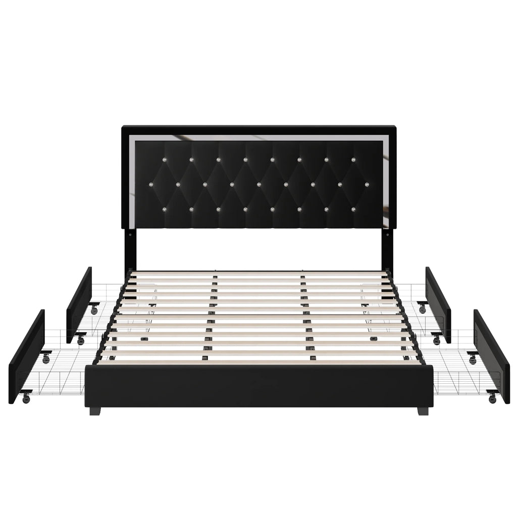 King Size Storage Bed with 4 Drawers, Black Upholstered Platform Bed Frame with Adjustable Headboard P55346