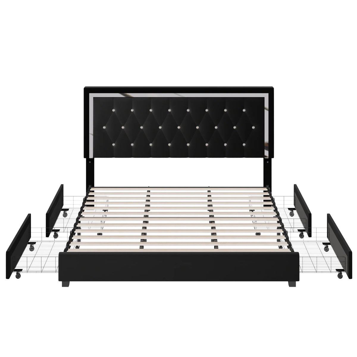 King Size Storage Bed with 4 Drawers, Black Upholstered Platform Bed Frame with Adjustable Headboard P55346