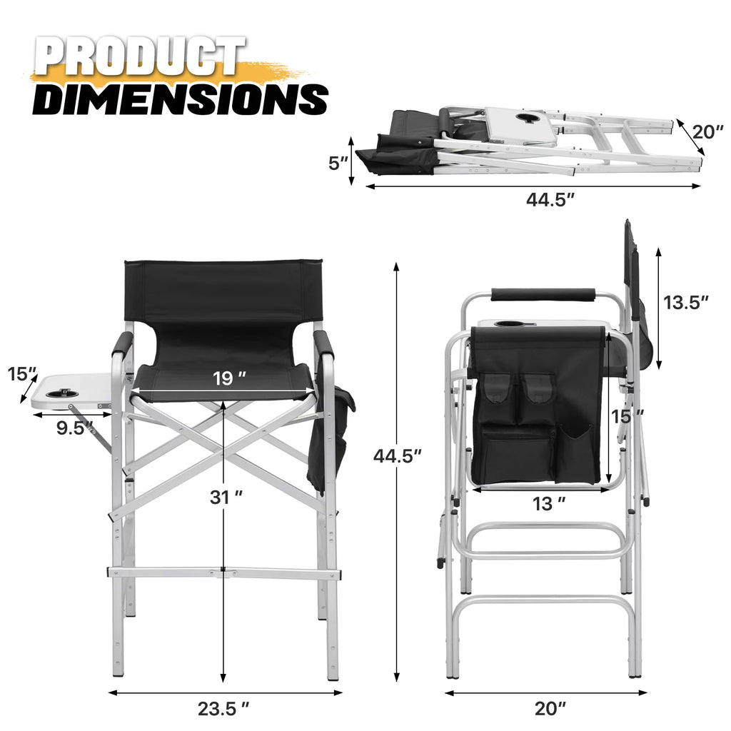 Folding Camping Director Chair with Side Table & Storage Pocket, Black T638
