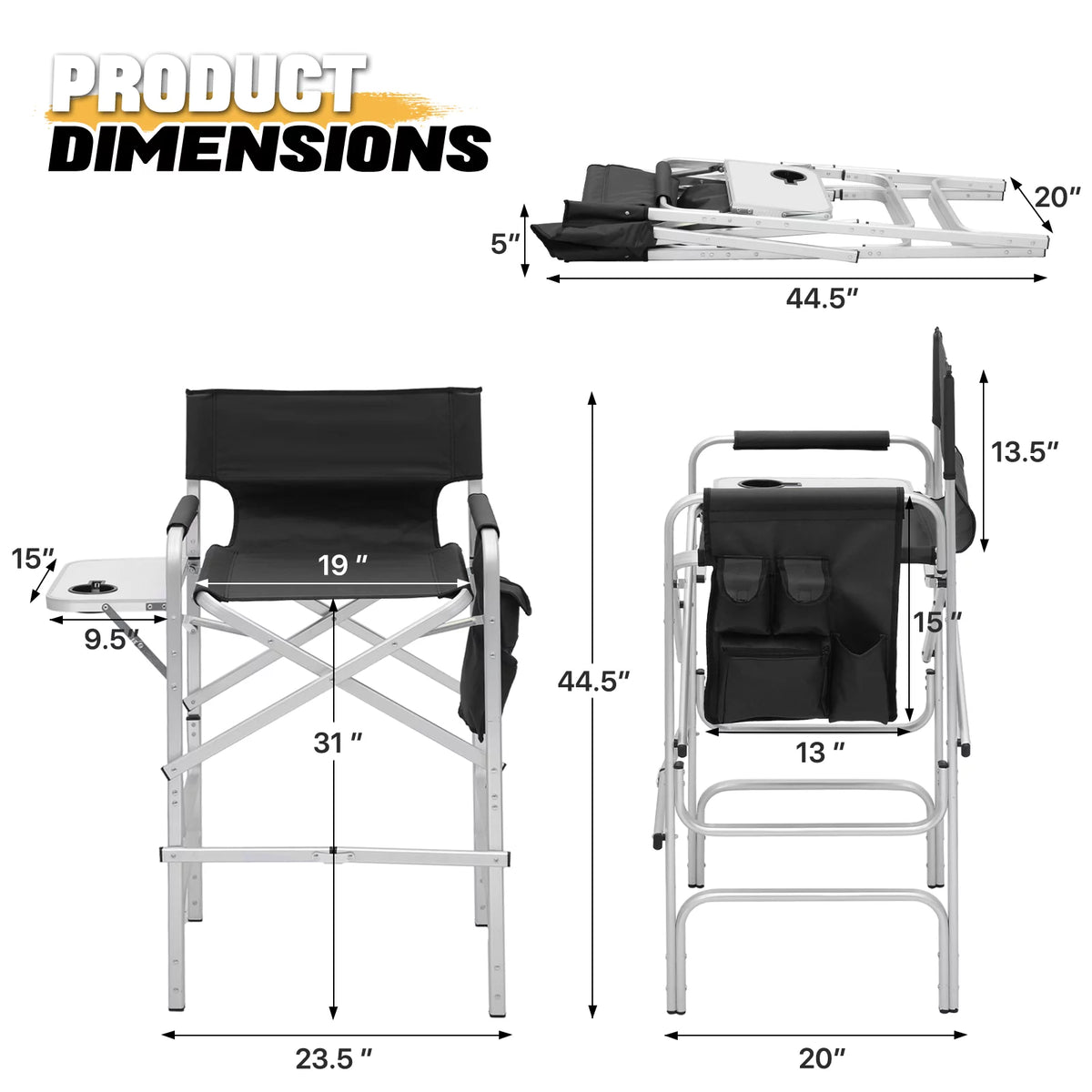 Folding Camping Director Chair with Side Table & Storage Pocket, Black T638