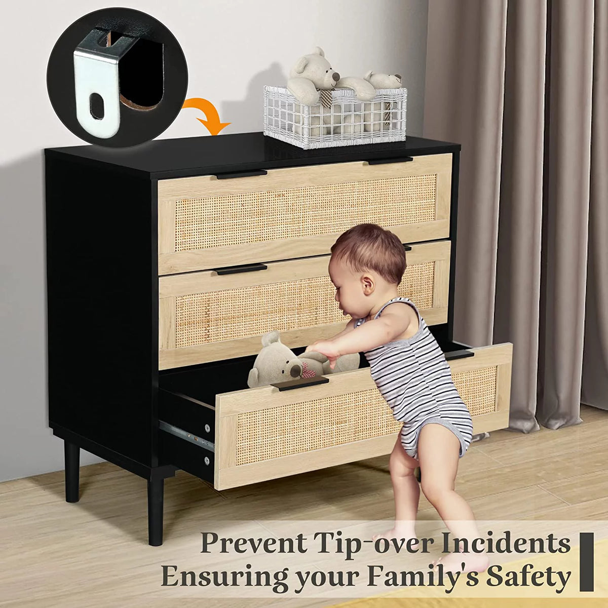 Black 3 Drawer Wood Rattan Dresser U493201
