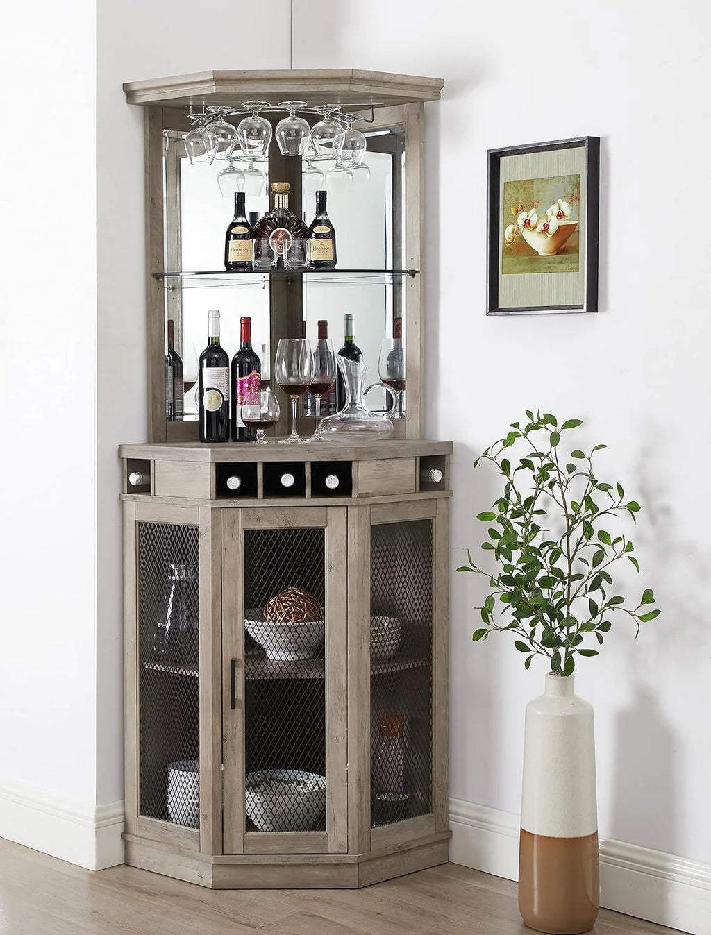 Stone Grey Corner Bar Unit with Built-In Wine Rack and Lower Bar Cabinet E99613