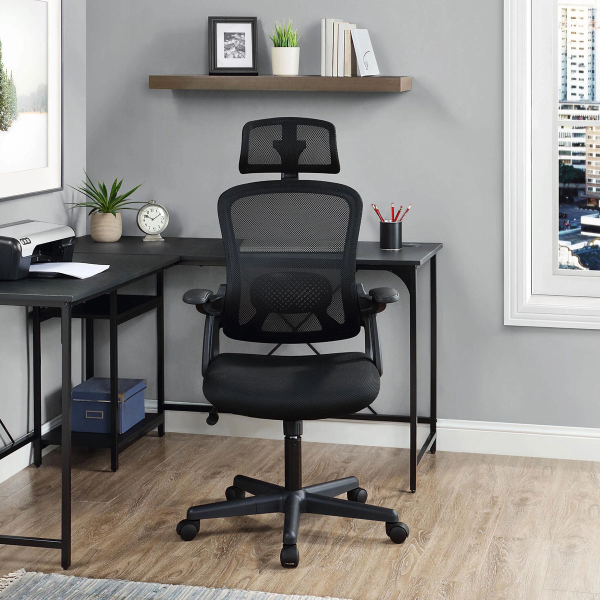Ergonomic Office Chair with Adjustable Headrest, Black Fabric K71978