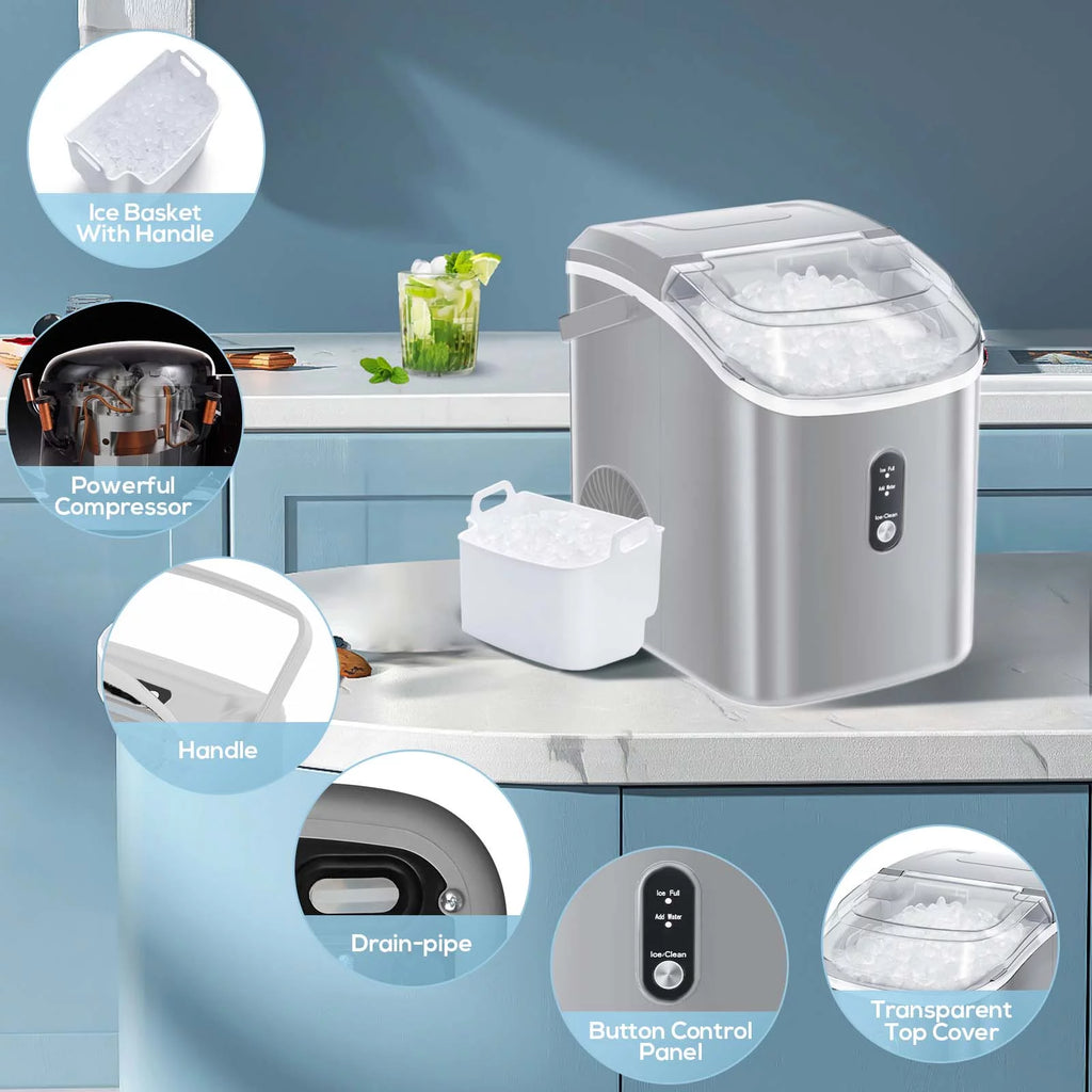 Nugget Ice Maker Countertop 33lbs/24H Self-Cleaning Portable Ice Machine Gray A790