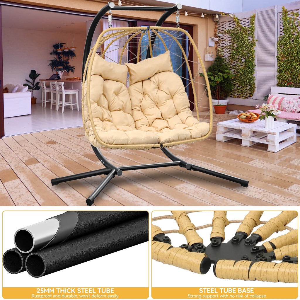 Hanging Egg Swing Chair with Stand 2 Person Wicker Chair with Cushions P4695